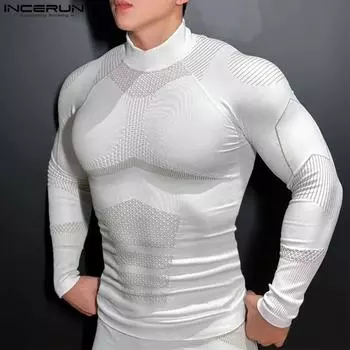 INCERUN Мужские топы с длинным рукавом и принтом, повседневные облегающие майки, футболки 3XL чёрный