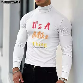 INCERUN Мужские топы с длинным рукавом и принтом букв, базовые майки S чёрный