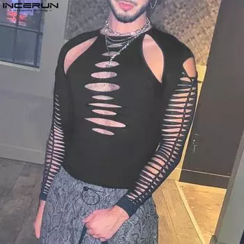 INCERUN Мужские топы с длинным рукавом и вырезами, вечерние клубные футболки с тонкими краями S чёрный
