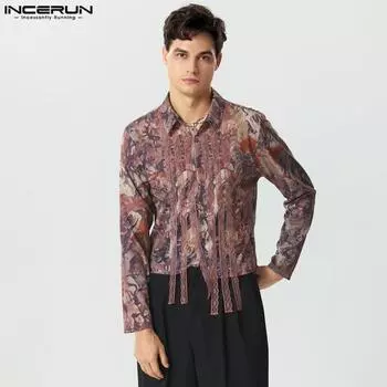 INCERUN Мужские топы с длинными рукавами и воротником с лацканами и кружевным ремешком