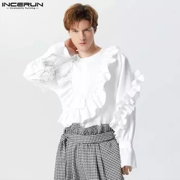INCERUN Мужские топы с длинными рукавами и оборками на подоле, рубашки для вечеринок