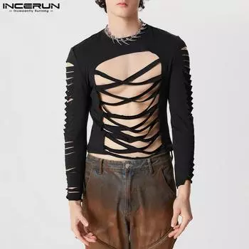 INCERUN Мужские топы с длинным рукавом и вырезом, ажурные майки с перекрестными вставками спереди 2XL чёрный