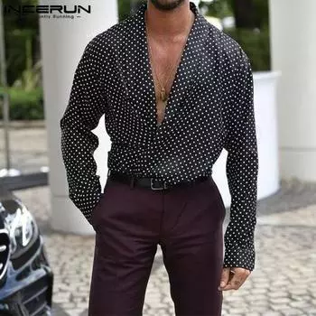 INCERUN Мужские топы с длинным рукавом в горошек Весна Осень Рубашки с глубоким V-образным вырезом S чёрный