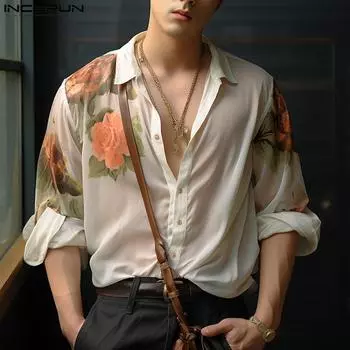 INCERUN Мужские топы с глубоким V-образным вырезом и цветочным принтом, летние праздничные рубашки 4XL белый