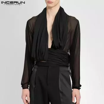 INCERUN Мужские топы с глубоким V-образным вырезом и длинными рукавами, прозрачные, с перекрестными вставками спереди S синий