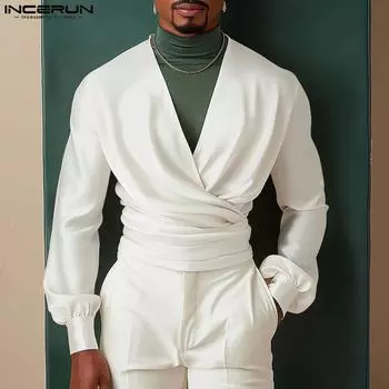 INCERUN Мужские топы с глубоким V-образным вырезом спереди и перекрестными бретелями, вечерние рубашки XL чёрный