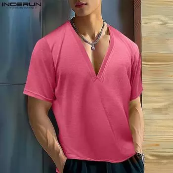 INCERUN Мужские топы с глубоким V-образным вырезом и коротким рукавом, повседневные футболки S чёрный