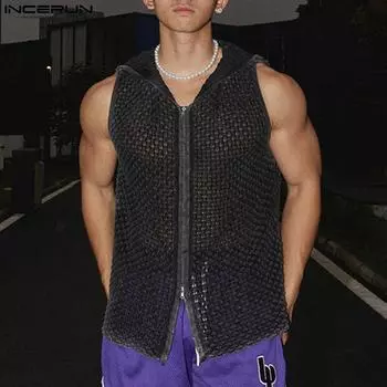 INCERUN Мужские топы с капюшоном и застежкой-молнией без рукавов, повседневный прозрачный жилет-майка M чёрный