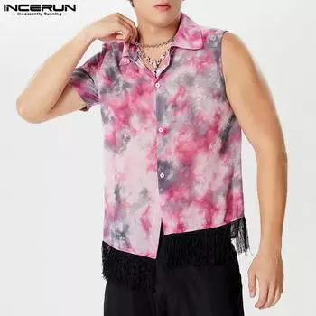 INCERUN Мужские топы с кисточками нестандартной формы с короткими рукавами, летний прозрачный жилет S зелёный