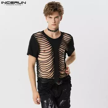 INCERUN Мужские топы с короткими рукавами и вырезами для клубной одежды