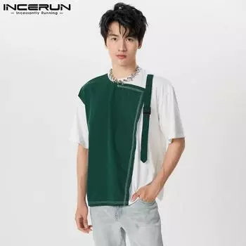 INCERUN Мужские топы с короткими рукавами и круглым вырезом, летние лоскутные футболки 3XL
