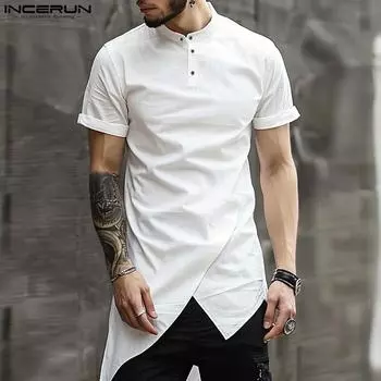 INCERUN Мужские футболки с коротким рукавом и воротником-стойкой, асимметричные, повседневные, с разрезами 3XL белый