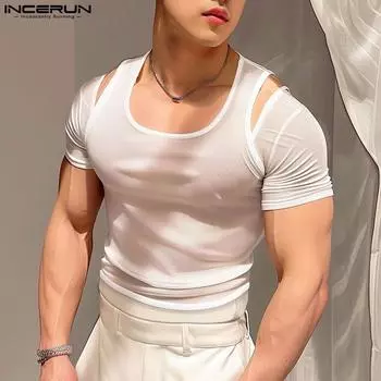 INCERUN Мужские топы с короткими рукавами и прозрачные сетчатые футболки L белый