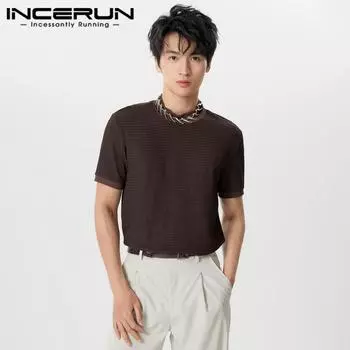 INCERUN Мужские топы с круглым вырезом и высоким воротником, короткие рукава, летние повседневные футболки