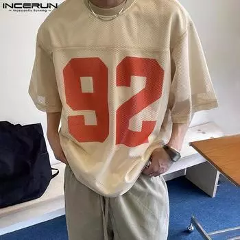 INCERUN Мужские топы с круглым вырезом и принтом, прозрачные сетчатые футболки M темно-синий