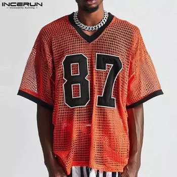 INCERUN Мужские топы с круглым вырезом и коротким рукавом с принтом и сеткой, повседневные спортивные футболки M оранжевый