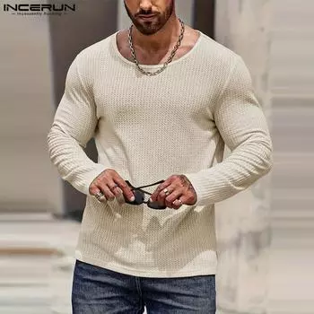 INCERUN Мужские топы с круглым вырезом и длинным рукавом, тонкие рубчики, повседневные фактурные майки S чёрный
