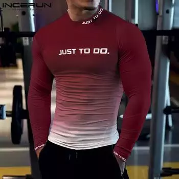 INCERUN Мужские топы с круглым вырезом и длинным рукавом с буквенным принтом и градиентом чёрный