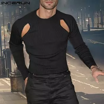 INCERUN Мужские топы с круглым вырезом и длинным рукавом, повседневные майки с вырезом в рубчик 4XL чёрный