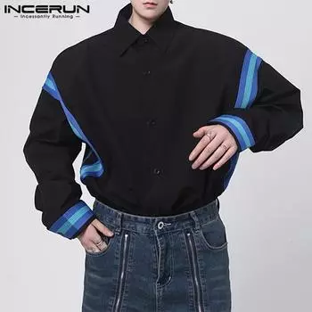 INCERUN Мужские топы с лацканами и длинным рукавом в стиле пэчворк, повседневные рубашки в полоску на пуговицах XL чёрный