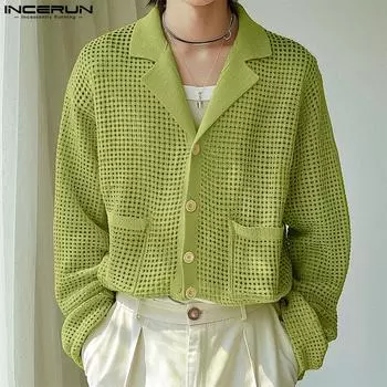 INCERUN Мужские топы с лацканами и длинными рукавами, повседневные, с прозрачными пуговицами и карманами, рубашки S зелёный