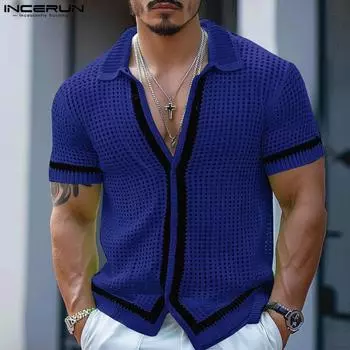 INCERUN Мужские топы с лацканами и коротким рукавом, сетчатые, повседневные, на пуговицах, рубашки в сетку M зелёный