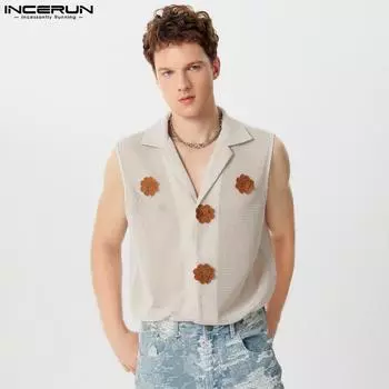 INCERUN Мужские топы с лацканами и пуговицами без рукавов, вязаные крючком в сетку 2XL