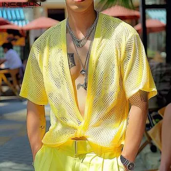 INCERUN Мужские топы с открытым передом и вырезом, прозрачные футболки для пляжной вечеринки S жёлтый