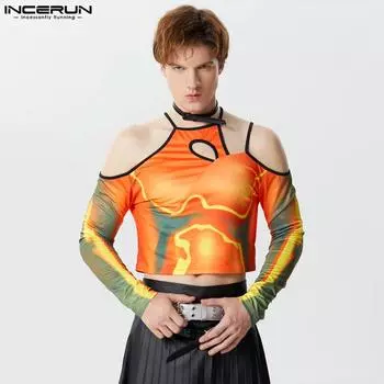 INCERUN Мужские топы с открытыми плечами и длинными рукавами с принтом, короткие укороченные L оранжевый