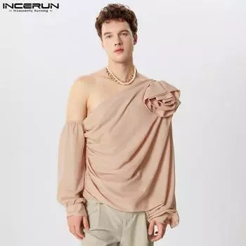 INCERUN Мужские топы с открытыми плечами и длинным рукавом с цветочным принтом и нестандартной формой M чёрный