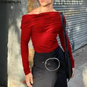 INCERUN Мужские топы с открытыми плечами и длинными рукавами M чёрный