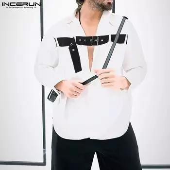 INCERUN Мужские топы с отложным воротником и длинным рукавом, поясом, повседневные рубашки с пуговицами и ажурными пуговицами 4XL белый