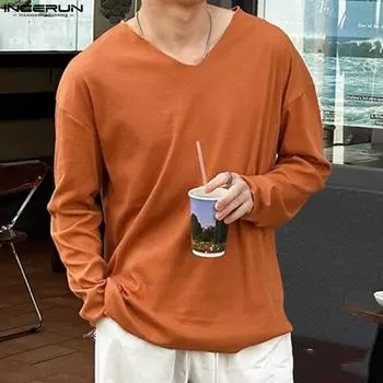 INCERUN Мужские топы с V-образным вырезом и длинными рукавами, вязаные свитера, пуловеры