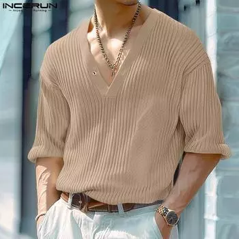 INCERUN Мужские топы с V-образным вырезом и рукавом 3/4 в полоску, свободные повседневные пуловеры 4XL хаки