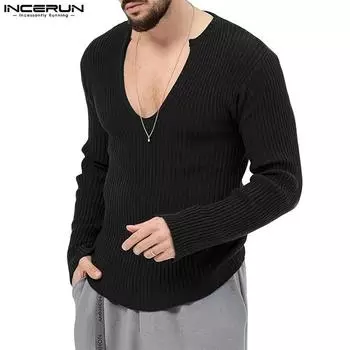INCERUN Мужские топы с V-образным вырезом и длинным рукавом Весна Осень Трикотажные Текстурные Футболки 3XL чёрный