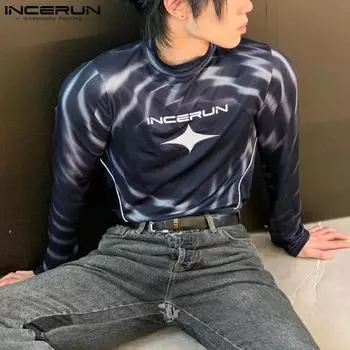 INCERUN Мужские топы с воротником-стойкой и длинным рукавом с принтом, повседневные облегающие майки XL коричневый