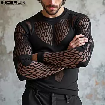 INCERUN Мужские топы с вырезом и длинным рукавом из сетки с прозрачной строчкой для вечеринок и клубов, облегающие футболки M чёрный