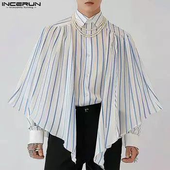 INCERUN Мужские топы с высоким лацканом и рукавами «летучая мышь», повседневные рубашки в полоску с оборками S белый