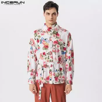 INCERUN Мужские топы с высоким воротником и воротником-стойкой с цветочным принтом
