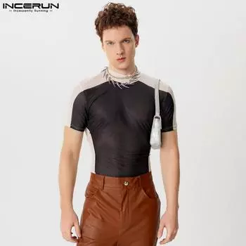 INCERUN Мужские топы с высоким воротом и лоскутным узором, прозрачные укороченные футболки с коротким рукавом и сетчатой отделкой для клубных вечеринок 4XL бежевый