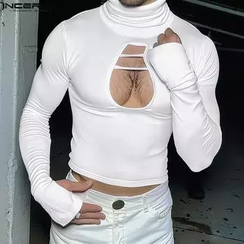 INCERUN Мужские топы с высоким воротом и длинным рукавом, облегающие повседневные майки с вырезом S чёрный