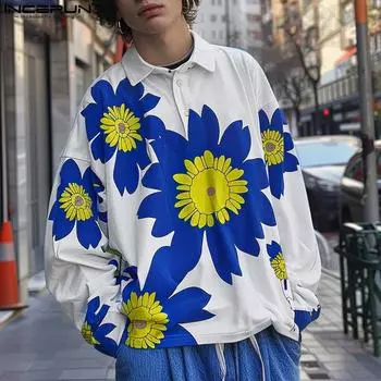 INCERUN Мужские топы свободного покроя с длинным рукавом и цветочным принтом 4XL белый