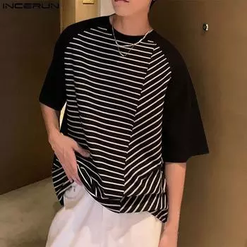 INCERUN Мужские топы свободного покроя с круглым вырезом и коротким рукавом в полоску, летние свободные футболки в стиле пэчворк M белый