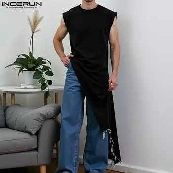INCERUN Мужские топы-туники с круглым вырезом без рукавов, нестандартные, длинные, повседневные, с кисточками S чёрный