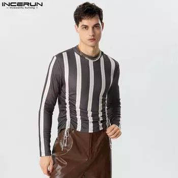INCERUN Мужские топы в полоску с круглым вырезом и длинными рукавами на шнуровке L чёрный