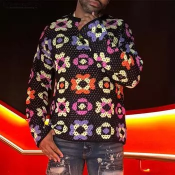 INCERUN Мужские топы в сеточку с круглым вырезом и длинным рукавом с цветочным принтом