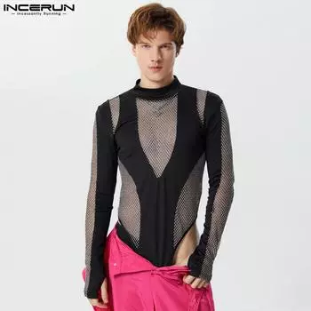 INCERUN Мужские трико с длинными рукавами и сетчатыми прозрачными боди