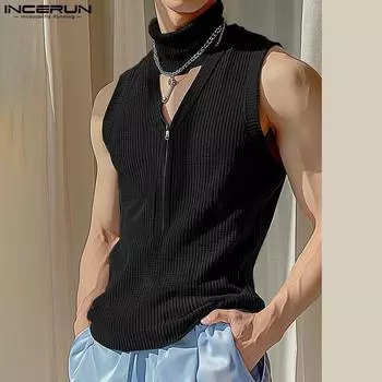 INCERUN Мужские трикотажные майки без рукавов с высоким воротом и застежкой-молнией 4XL чёрный