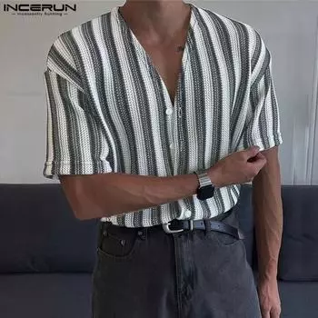 INCERUN Мужские трикотажные полосатые топы с V-образным вырезом и коротким рукавом на пуговицах Повседневные полые свитера L чёрный