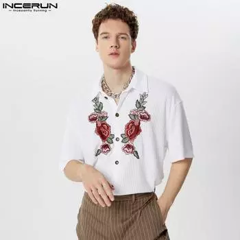 INCERUN Мужские трикотажные рубашки с цветочной вышивкой, повседневные топы с коротким рукавом и воротником-лацканами S белый